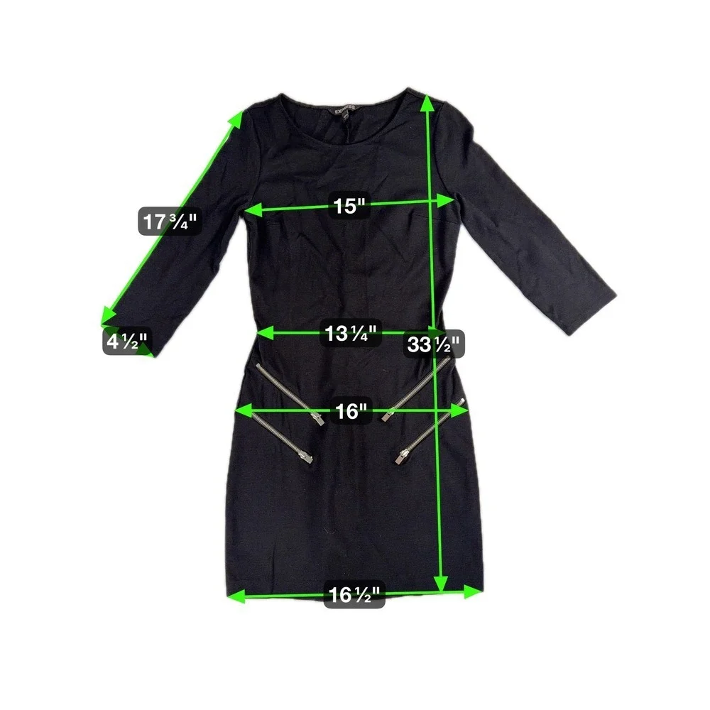 Express Womens Dress Size S Black 3/4 Sleeve‎ Bodycon Mini Dress Zipper Detail - Picture 3 of 5